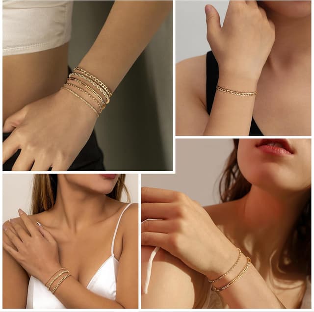 Detalle 2 de Finrezio 3–5er-Armband-Set für Damen in Gold (14 Karat vergoldet) aus Edelstahl – Figaro, Perlen & Ketten mit Verlängerung