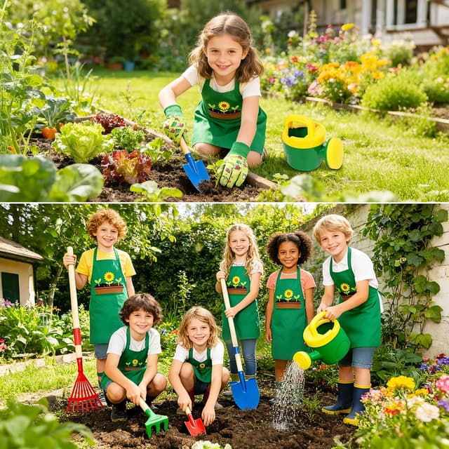 Detalle 2 de Kinder Gartenwerkzeug-Set (10-teilig) aus Metall mit Schaufel, Rechen, Gabel, Handschuhen, Schürze & Gießkanne