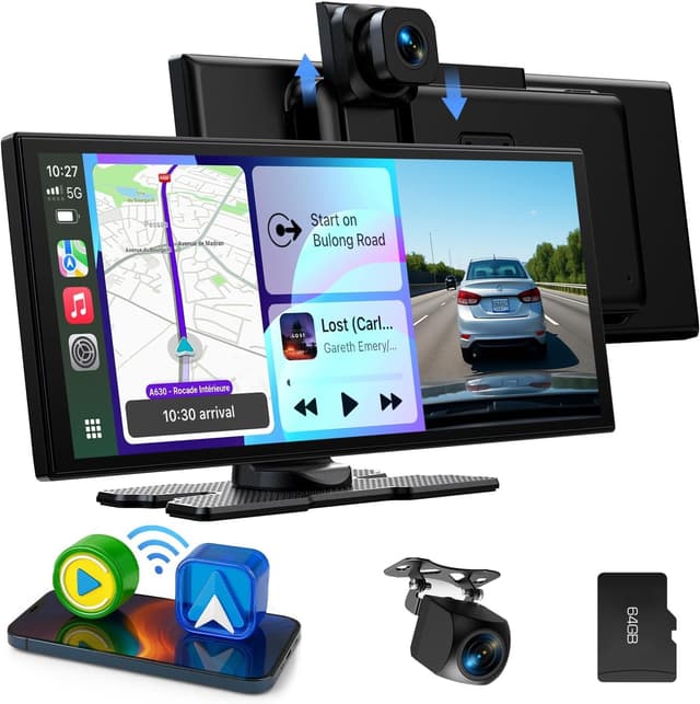Detalle de LAMTTO display wireless CarPlay/Android Auto da 10,25" con dashcam anteriore e posteriore (2,5K + 1080P) e assistente vocale