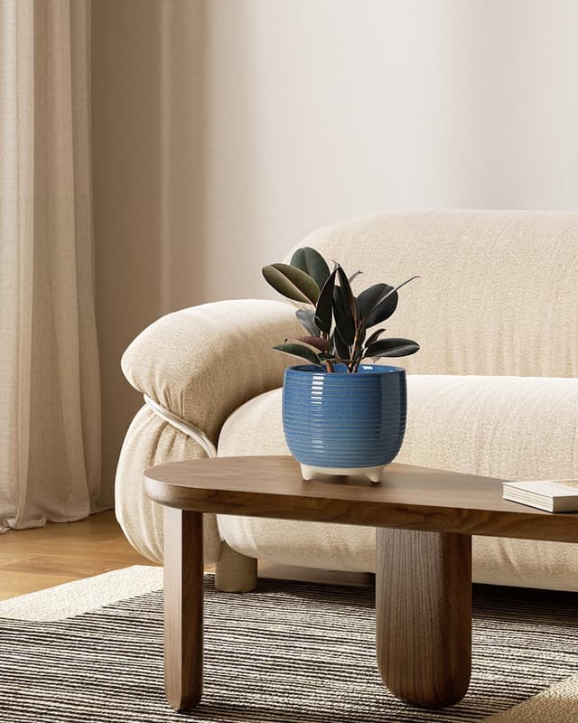 Detalle 2 de LE TAUCI Ceramic Plant Pots (12cm & 16cm footed planters) with drainage – reactive glaze blue