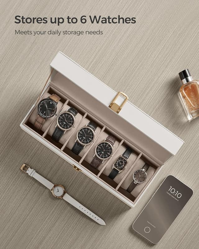Detalle 2 de SONGMICS Watch Box with 6 Slots (Glass Lid) JWB006W01 in Cloud White PU
