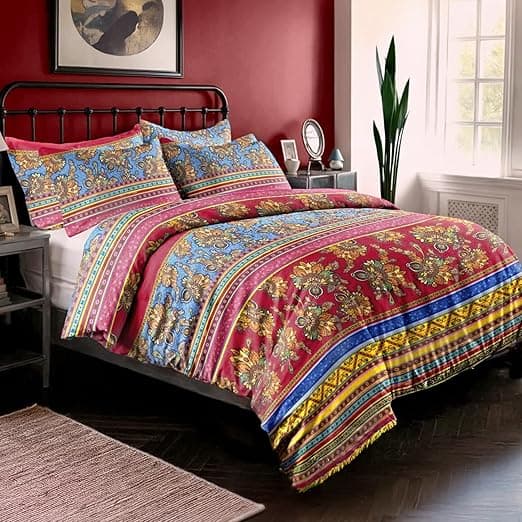 Detalle de Funda Nórdica 155x220cm Boho Mandala Rojo Azul con Almohada