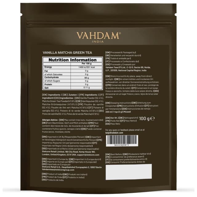 Detalle de VAHDAM Vanille Matcha Grüner Tee Pulver (100 g) – 100% japanischer Matcha, für Latte heiß oder kalt