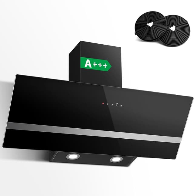 Detalle de SNDOAS A+++ 90 cm Dunstabzugshaube (Abluft/Umluft) 450 m³/h, 3 Stufen + Boost, Schräghaube schwarz