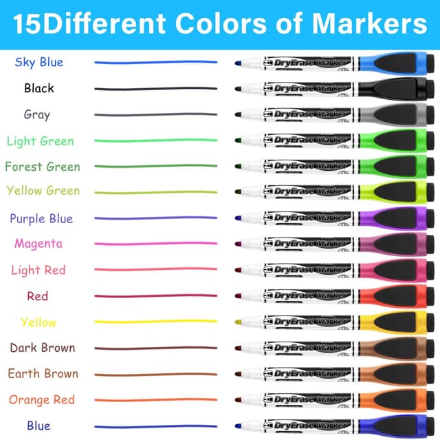 Detalle 2 de Autoau 15 pack Whiteboard Markers (15 colours) with magnetic caps and eraser