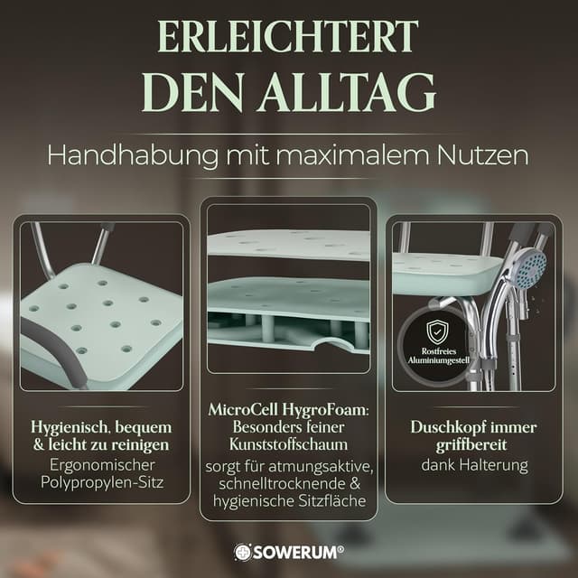 Detalle de Duschstuhl für Senioren mit Rückenlehne und Armlehnen (bis 150 kg) – rutschfest mit Antirutschmatte