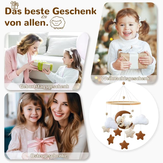 Detalle 2 de Ueiwffzo Mobile Baby „schlafendes Alpaka Mond“ mit Filz-Anhänger fürs Babybett