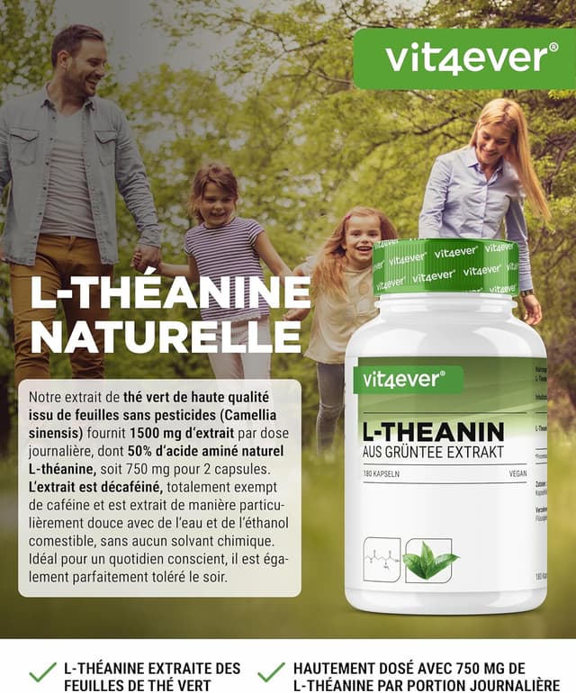 Detalle 2 de L-Théanine vit4ever 180 gélules (750 mg par portion journalière) – extrait naturel de thé vert, végétalien