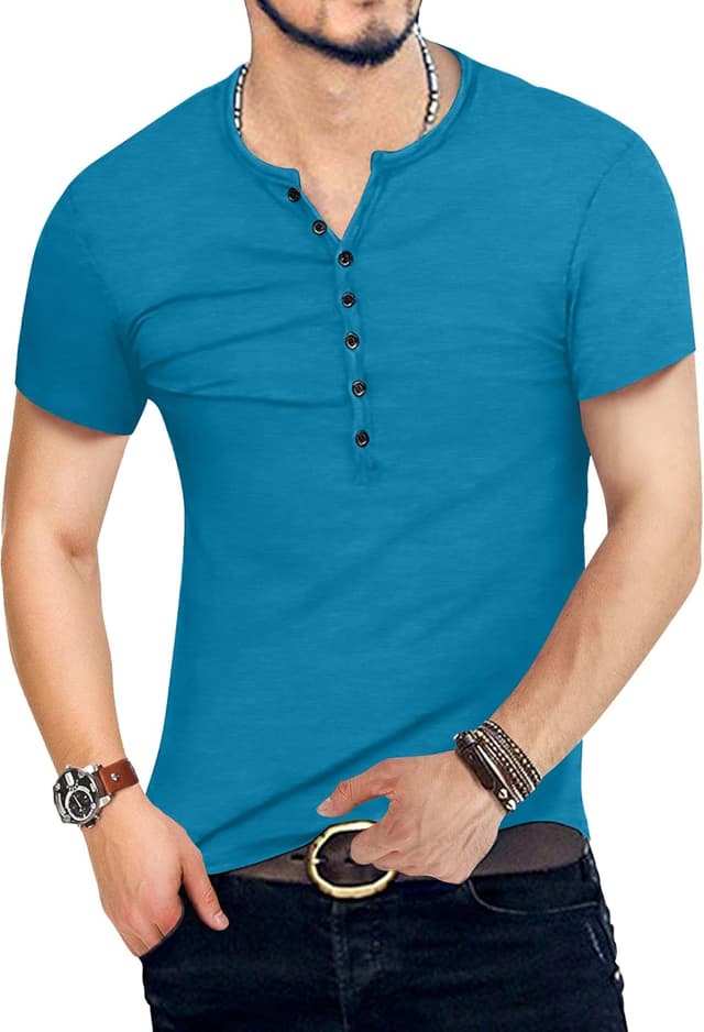 Detalle 2 de KUYIGO Herren Henley Slim-Fit T-Shirt aus Baumwolle (Kurzarm, 7 Knöpfe)