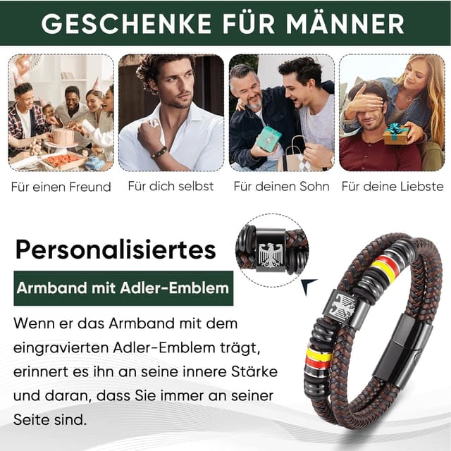 Detalle 2 de Deutschland Adler Herrenarmband mit Edelstahl-Anhänger & Lasergravur, Lederband (21/23/25 cm), schwarz