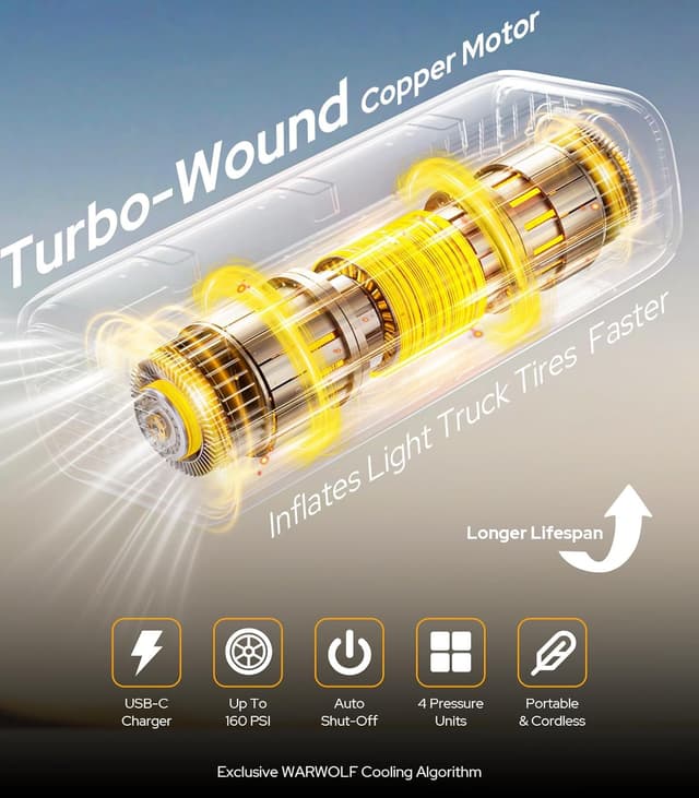 Thumbnail 3 de WarWolf 160PSI Portable Tire Inflator (Dual 12V DC) with Pressure Gauge, LED Light & Auto Shut-Off