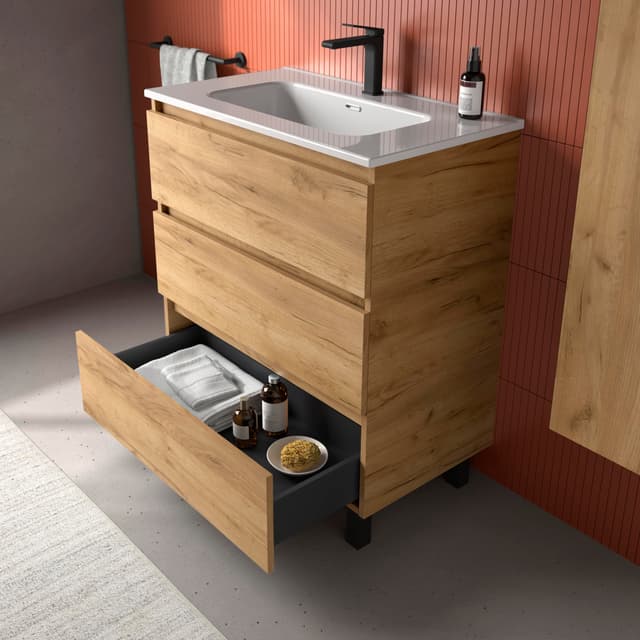 Detalle de Salgar Bequia — mueble de baño 3C 6 cajones con lavabo de 2 pozas