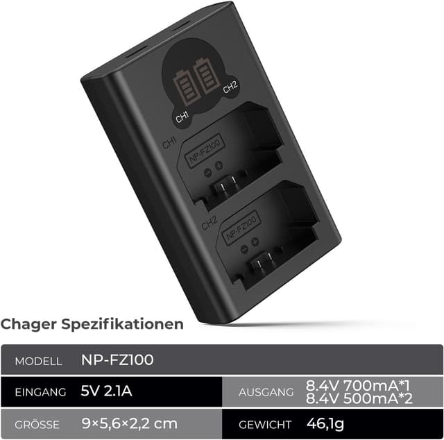 Thumbnail 6 de K&F CONCEPT NP-FZ100 Dual-Slot Ladegerät mit LED-Anzeige (Type-C & Micro-USB) für Sony Alpha