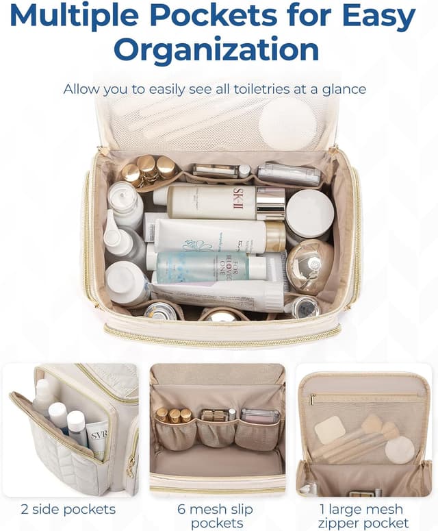 Detalle de Bagsmart Large Travel Toiletry Bag with Wet Pocket (Beige) – wide-open puffy vanity case for toiletries