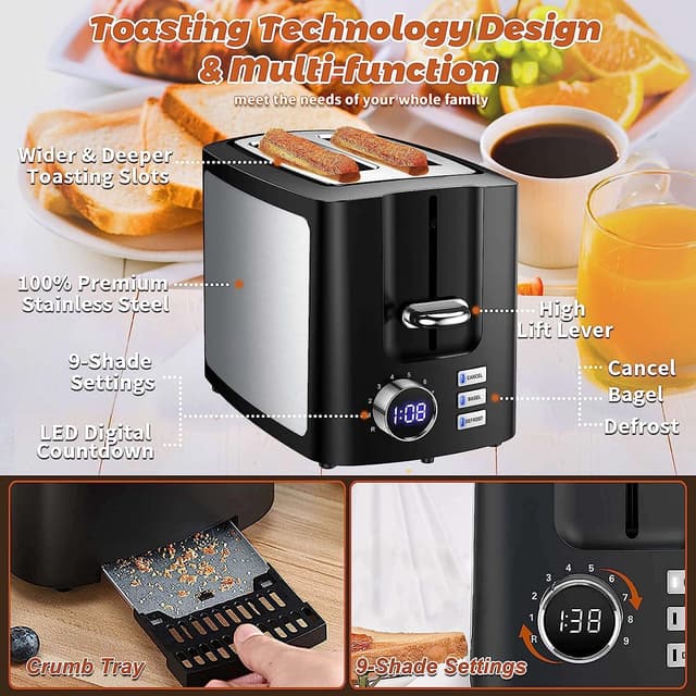 Thumbnail 5 de Toaster 2 Slice Wide Slot Toaster with LCD Timer ๐