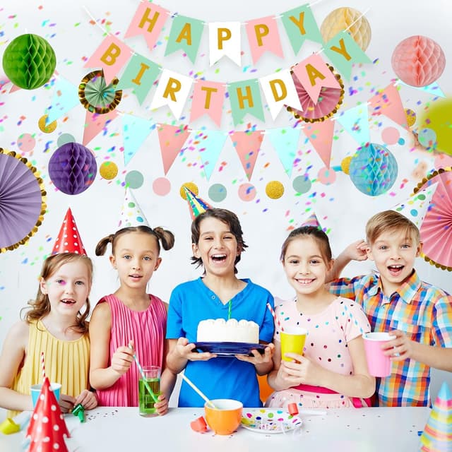Detalle 2 de Meowoo Geburtstagsdeko-Set mit „Happy Birthday“-Girlande, Wimpelkette, Macaron-Dekor aus Papier & Wabenblumen