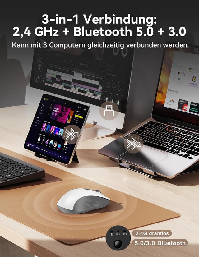 Detalle 2 de TECKNET Bluetooth Maus Tri-Modus (BT 5.0/3.0 + 2,4 GHz) 4800 DPI, 6 Tasten, leise Klicks – Kabellos für PC/Laptop/Mac/Tablet