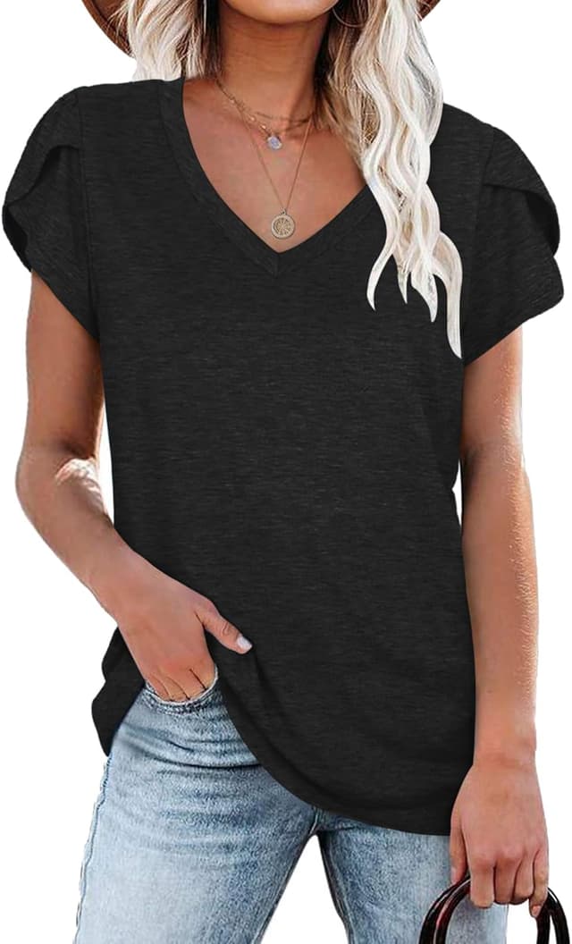 Detalle de NARRAME T-shirt femme à manches courtes et col en V (poliester + spandex) – hauts de loisir d’été S à 3XL