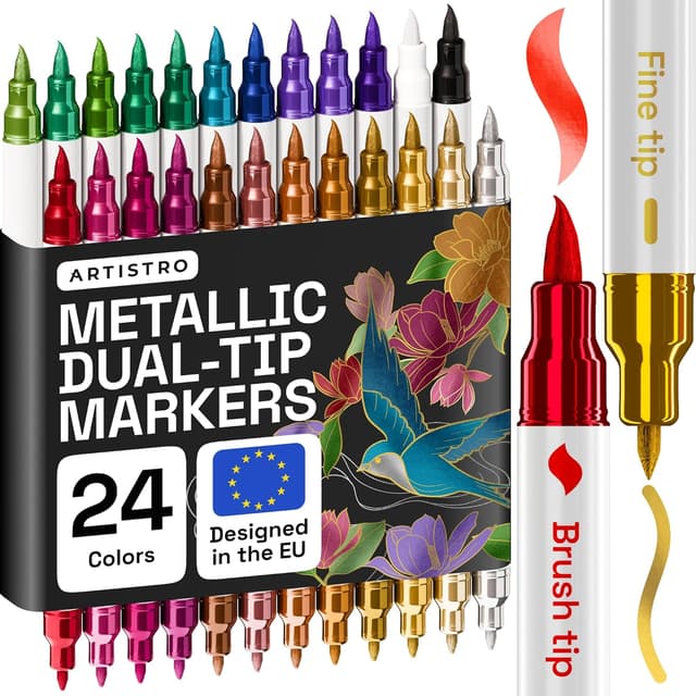 Detalle de ARTISTRO 24 Metallic Acrylic Paint Pens (Dual Tip: Brush & Fine) – 24-Colour Art Set for Multiple Surfaces