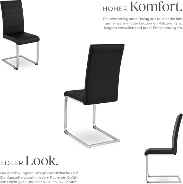 Detalle de tectake® 4er-Set Esszimmerstühle mit Freischwinger-Funktion und Rückenlehne (schwarz)