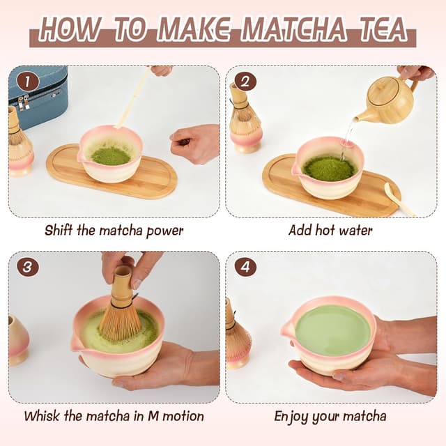Detalle de Japanisches Matcha Tee Set in Rosa (5-teilig) mit Bambustablett, Besen und Schale
