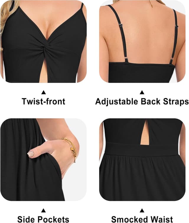 Detalle de AUSELILY summer maxi dress for women with V-neck, sleeveless fit and pockets