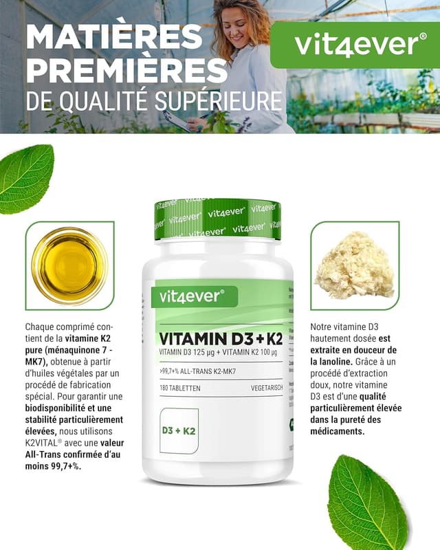 Detalle de vit4ever Vitamine D3 + K2 Dépôt (180 comprimés) – 5000 UI D3 et 100 µg K2 MK7