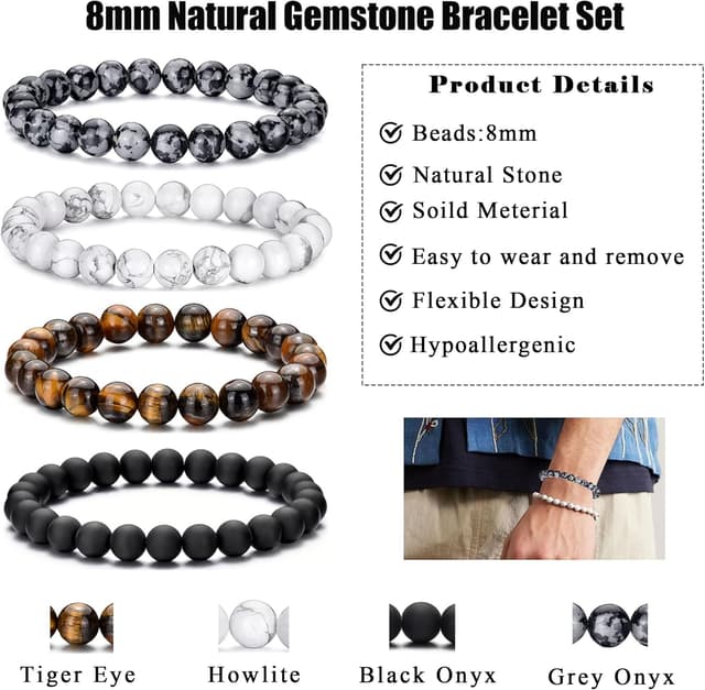 Detalle de RANKEEF Perlenarmband für Herren (Tigerauge & Lavastein) im Stretch-Set, 8 mm Perlen