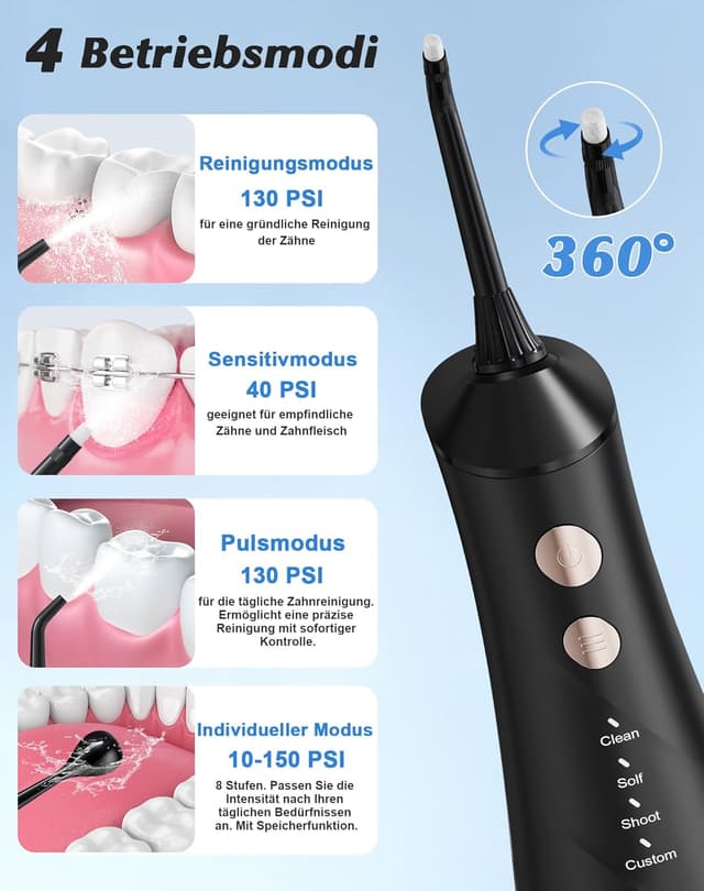 Detalle 2 de Hsweeth kabellose Munddusche (elektrisch) mit digitaler Anzeige, 5 Jet-Tipps & 4 Modi – IPX7 wasserdicht