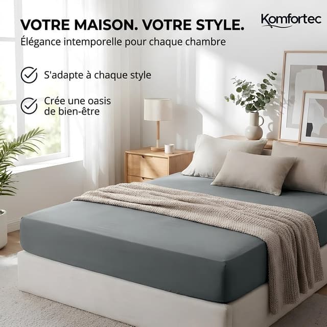 Detalle de Komfortec Drap housse 200x200 cm en microfibre brossée douce (bonnet 30 cm) gris