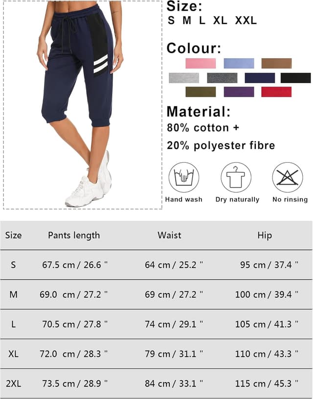 Detalle 2 de Terecey pantacourt femme 3/4 en coton respirant, taille haute élastique avec cordon et poches