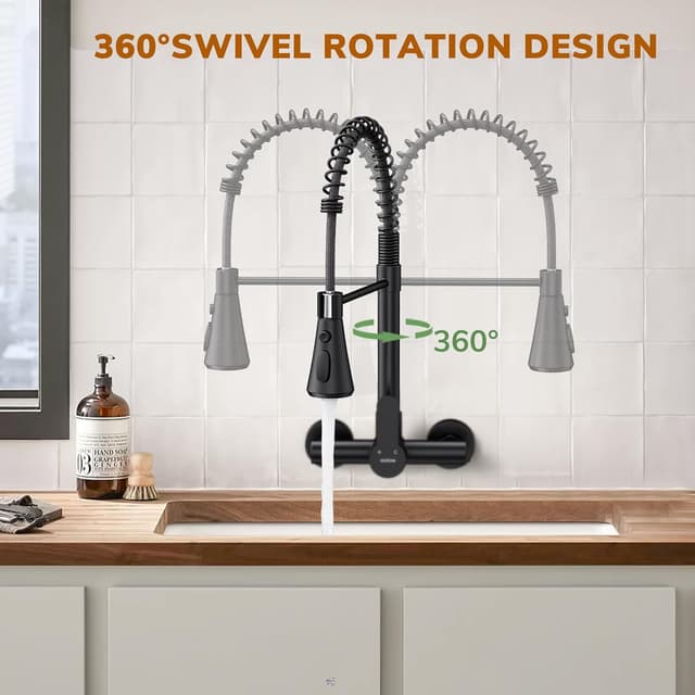 Detalle de HURRAN Rubinetto Cucina a Muro con 3 modalità, monocomando girevole 360° e finitura nero opaco