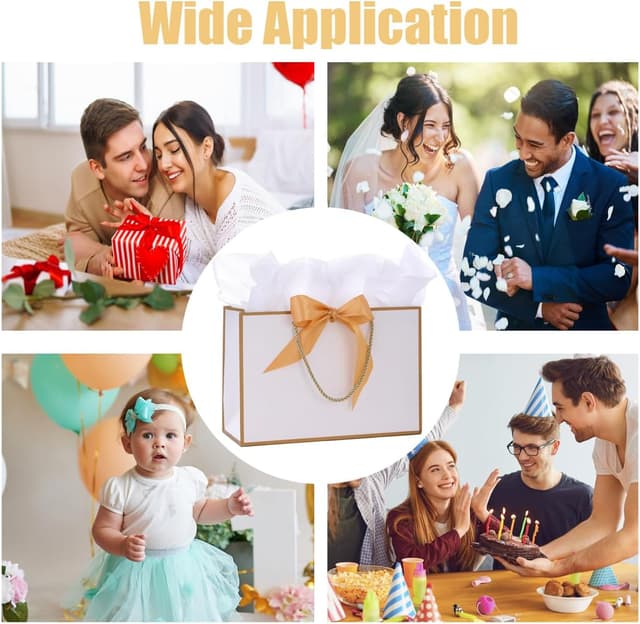 Thumbnail 6 de Dimetey 8-Pack Metallic Paper Gift Bags with Handles, Bow Ribbon, Tissue & Card (White, 20 x 28 x 10cm)