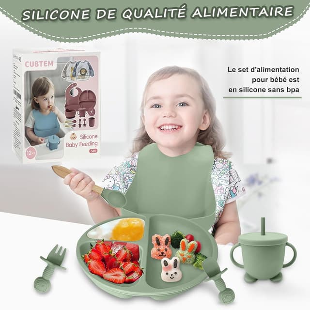 Detalle de CUBTEM Baby Geschirrset (12-teilig) – Kindergeschirr mit Babylöffel, Trinklernbecher, Saugnapf & Silikon-Lätzchen