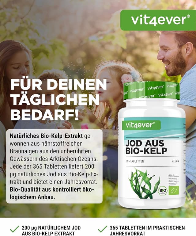 Detalle 2 de vit4ever Bio Kelp mit natürlichem Jod (200 µg) – 365 Tabletten, vegan