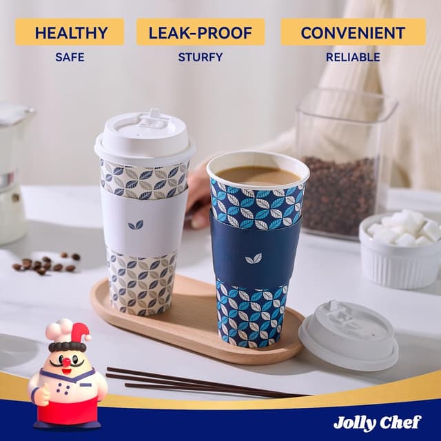 Detalle 2 de JOLLY CHEF 100-Pack 20 oz Disposable Coffee Cups (with Lids, Sleeves & Stirrers) – Blue Leaf and Grey Leaf