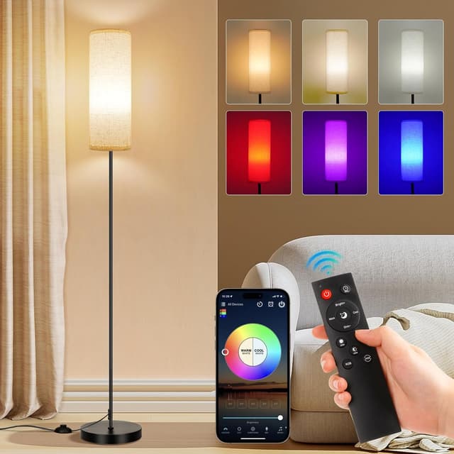 Detalle de Frideko Floor Lamp with RGB Smart LED Bulb, Remote, Foot Switch & Timer (Beige shade)