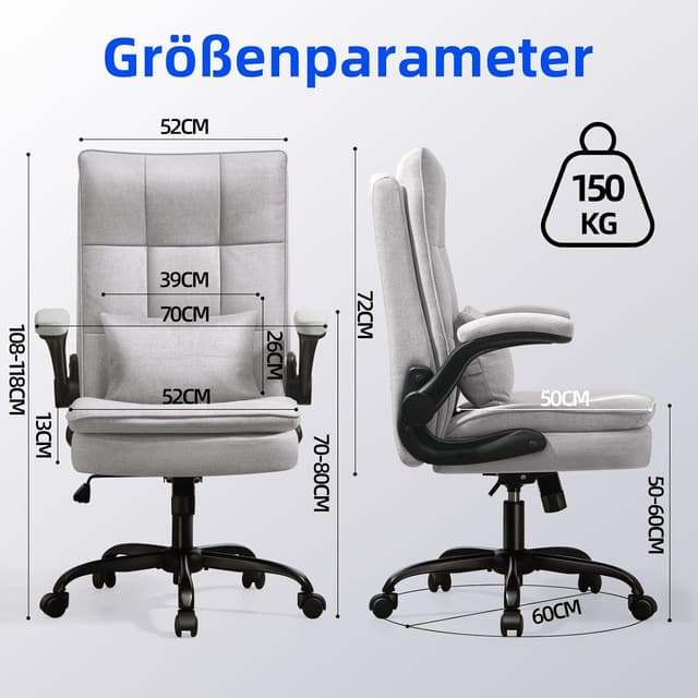 Detalle de Asukale ergonomischer Bürostuhl mit hoher Rückenlehne, atmungsaktivem Stoff, 150-kg-Belastung und Wippfunktion (PC-Stuhl, grau)