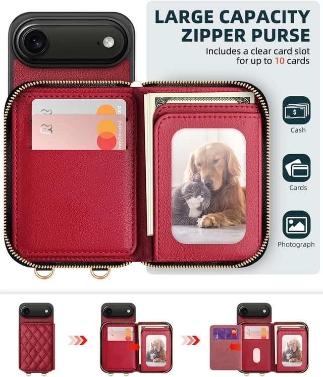 Detalle de OCASE Hülle für iPhone Air – RFID-Schutz, Reißverschluss-Geldbörse mit Kartenfächern & abnehmbarem Lanyard/Handgelenkband