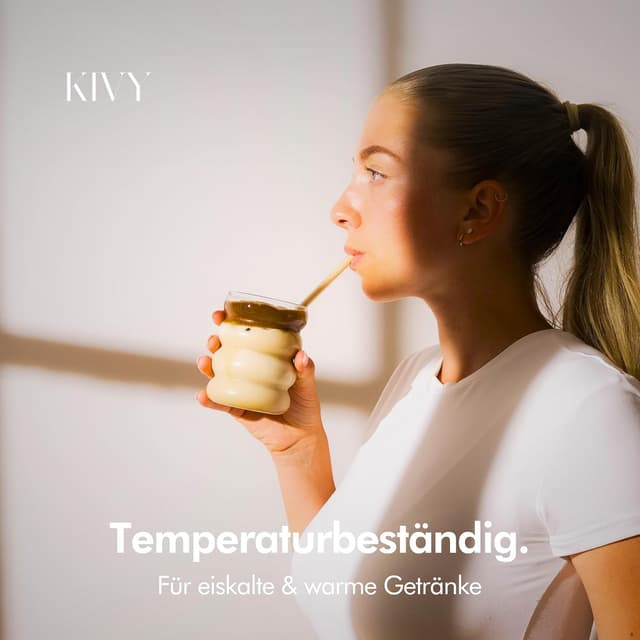 Detalle de KIVY Bubble Trinkgläser-Set (350 ml) mit Glas-Strohhalmen – Longdrinkgläser für Eiskaffee, Wasser & Cocktails