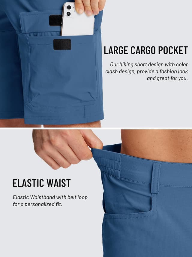 Detalle de TACVASEN men’s cargo shorts with quick-dry fabric, zip pockets and elasticated waistband (no belt)