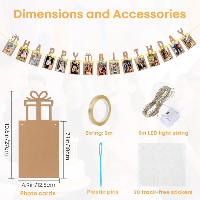 Detalle 2 de Happy Birthday Deko Seutgjie Fotogirlande mit LED-Lichterkette und 15 Glitzerkarten für Fotos
