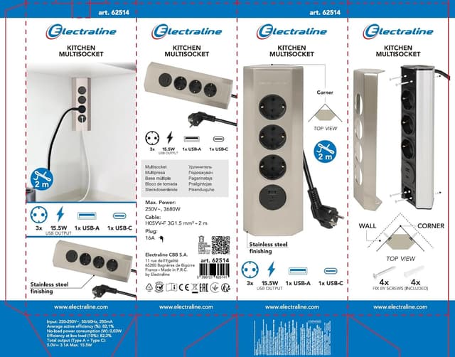 Thumbnail 5 de Electraline 62514 Regleta Angular cocina 3 Schuko 2 USB