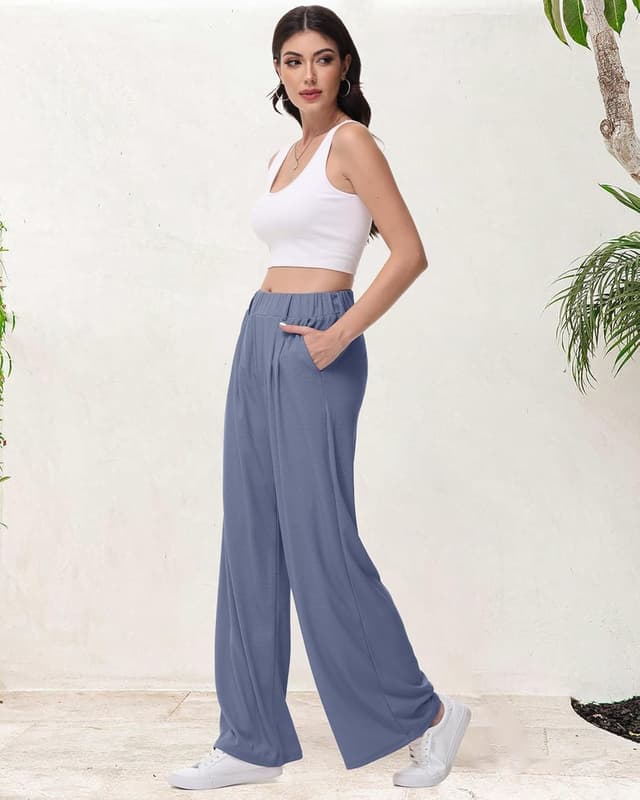 Detalle de HMIYA Weite Bügelfreie Palazzo Hose mit hoher Taille und Taschen – leichte Sommer-Freizeithose