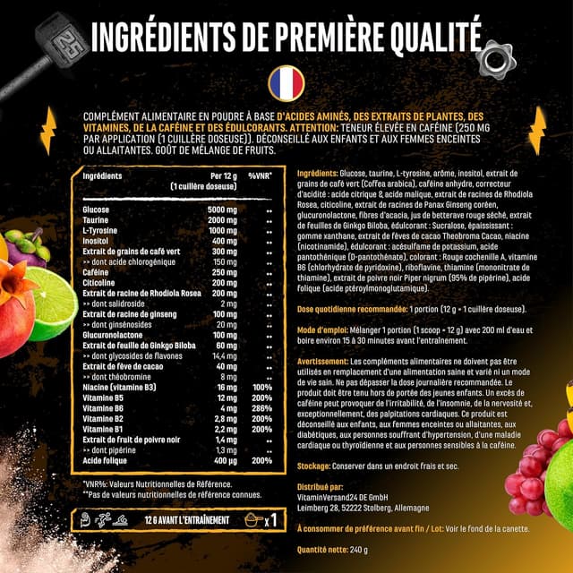 Detalle 2 de Focus to the Limit pre workout hautement dosé au goût mélange de fruits (240 g) avec caféine et vitamines