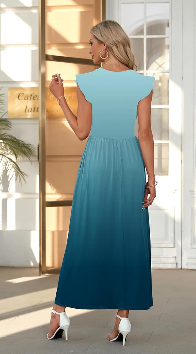 Detalle 2 de AUSELILY Damen Sommer-Maxikleid mit Rundhalsausschnitt, Taschen, Rüschen & hoher Taille