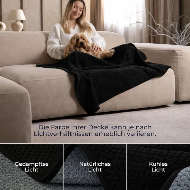 Detalle de Dreamzie wasserdichte Hundedecke für Bett, Auto & Outdoor 80x100 cm – Wende-Design, Sherpa Fleece, maschinenwaschbar (schwarz)
