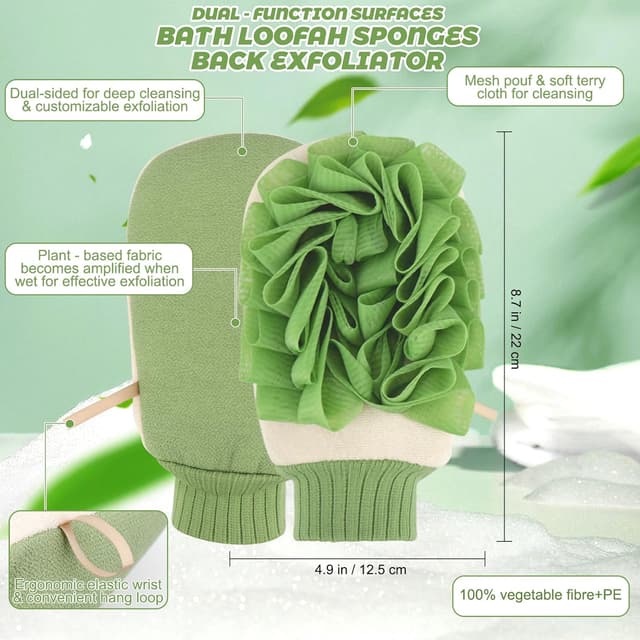 Detalle de Homgaty Back Scrubber and Exfoliating Mitt Set – dual-sided loofah-style scrub strips and bath glove