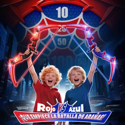 Detalle de Kidluna set de arco y flechas con luces LED rojas y azules para niños (2 arcos, 2 carcaj y diana telaraña)