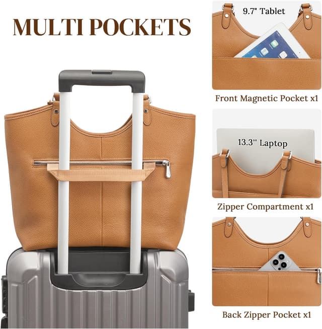 Detalle 2 de S-ZONE genuine leather tote bag for women with zipper – work, travel & shoulder carry